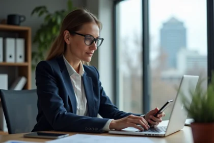 Femme professionnelle à Grenoble travaillant sur son ordinateur