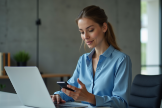 Jeune femme professionnelle parlant au smartphone dans un bureau