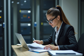Femme d affaires examinant des documents dans un bureau moderne avec serveurs