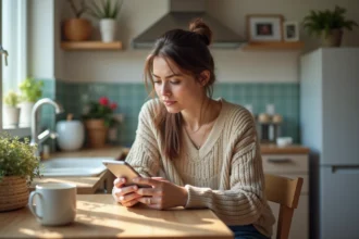 Jeune femme concentrée sur son smartphone dans une cuisine moderne