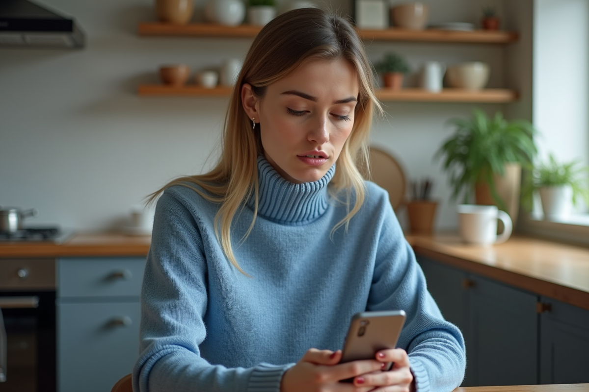 Jeune femme assise à la cuisine regardant son smartphone