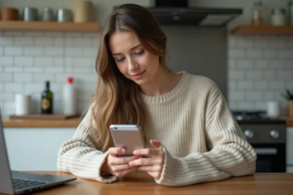 Jeune femme en casual regardant son smartphone dans la cuisine