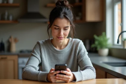Femme consultant l'application Messenger sur son smartphone pour gérer ses contacts