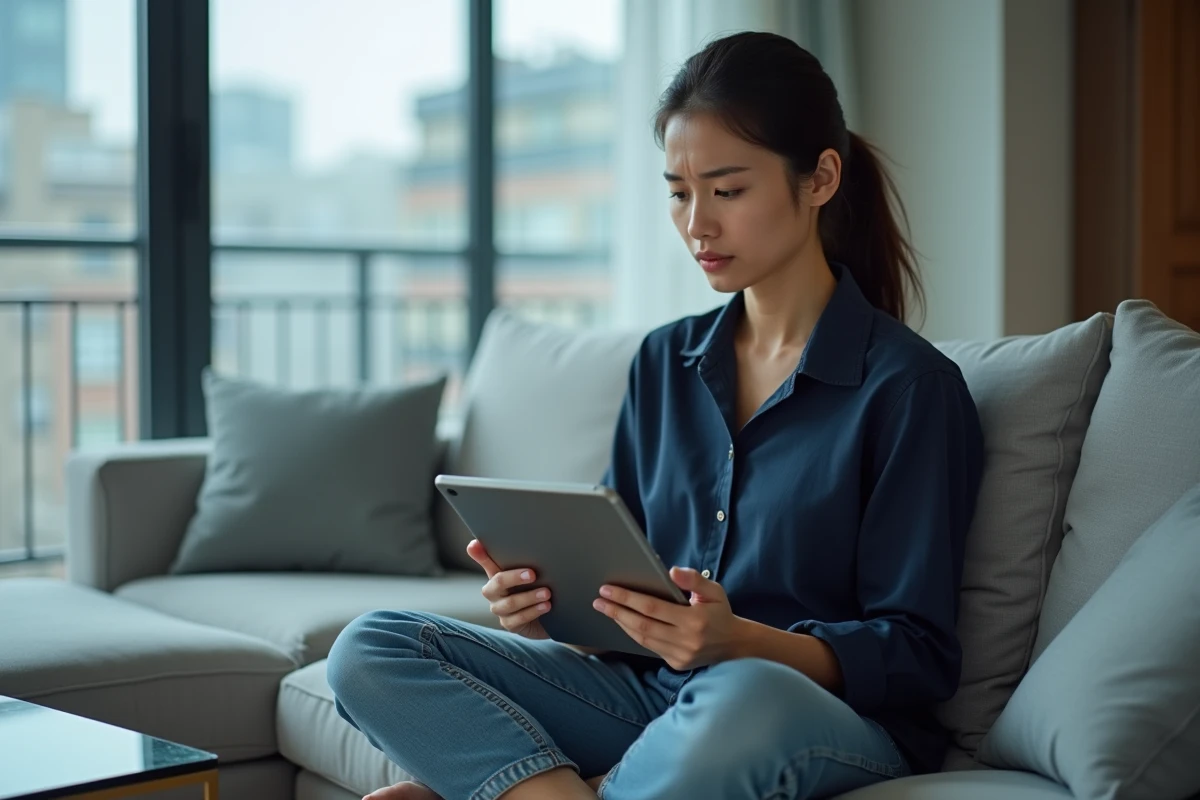 Femme lisant des scans de manga sur une tablette numérique dans un salon moderne, réfléchissant à la légalité des sites de lecture en ligne
