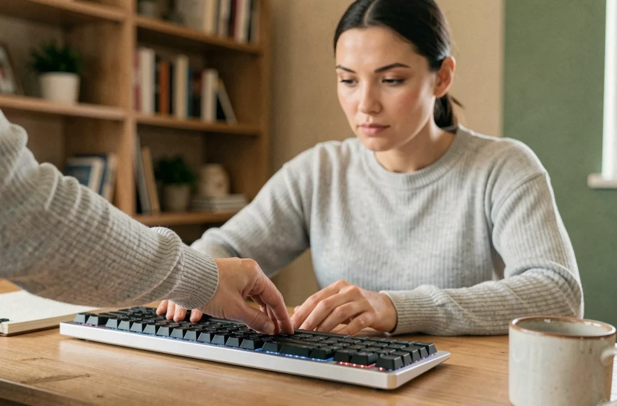 Femme appuyant sur la touche Shift d'un clavier mécanique moderne dans un bureau à domicile