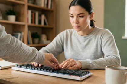 Femme appuyant sur la touche Shift d'un clavier mécanique moderne dans un bureau à domicile