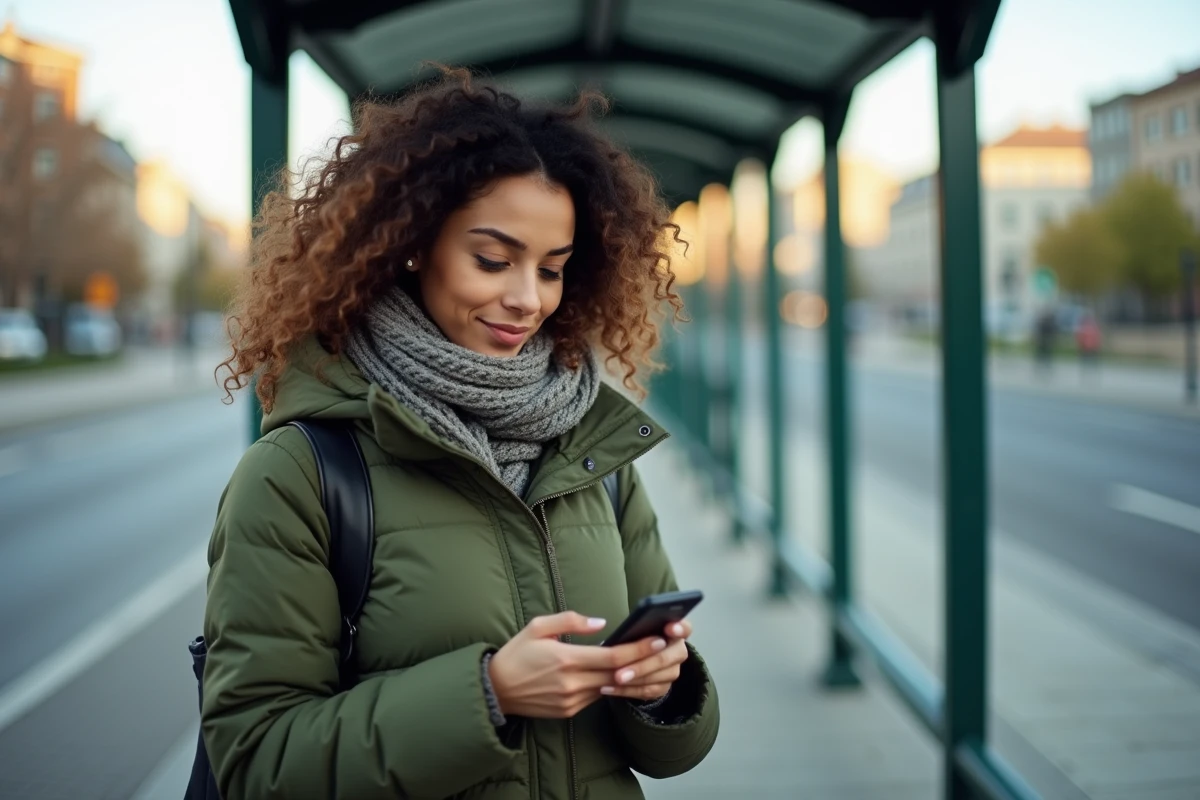 Femme regardant son smartphone à un arrêt de tram urbain
