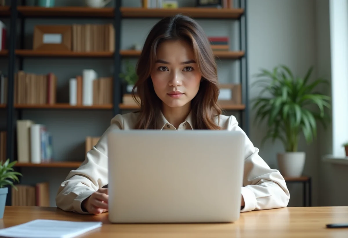 Jeune femme au bureau vérifiant un message de mot de passe