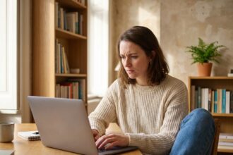 Jeune femme concentrée travaillant sur son ordinateur dans un appartement moderne