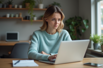 Femme concentrée travaillant sur son ordinateur à la maison