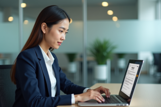 Jeune femme professionnelle réglant un mot de passe sur un PDF