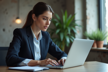 Femme en blazer travaillant sur un ordinateur dans un bureau moderne