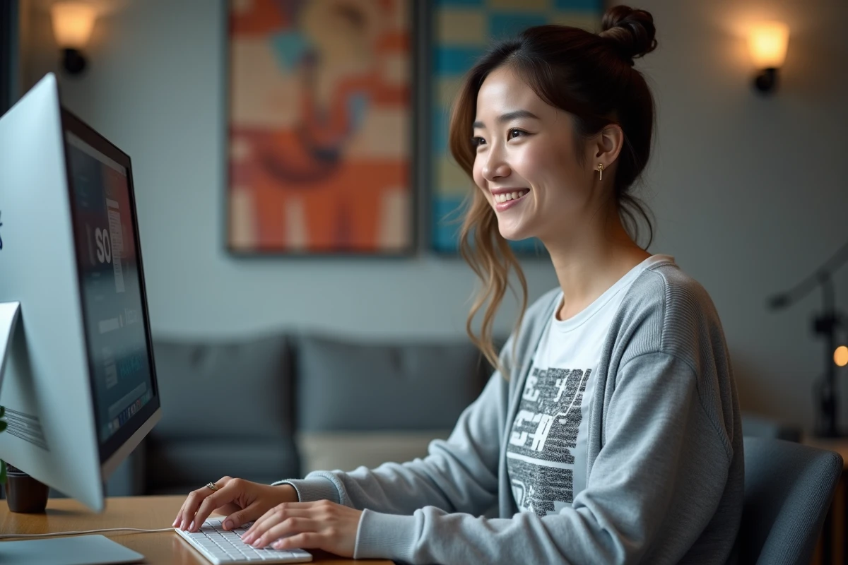 Femme vérifiant un téléchargement sur un moniteur moderne