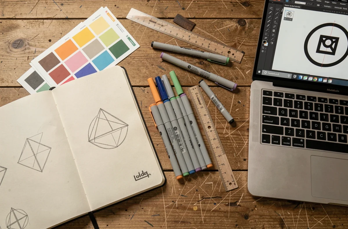Flat lay du processus de création d'un logo avec carnet de croquis, stylos et logiciel vectoriel ouvert