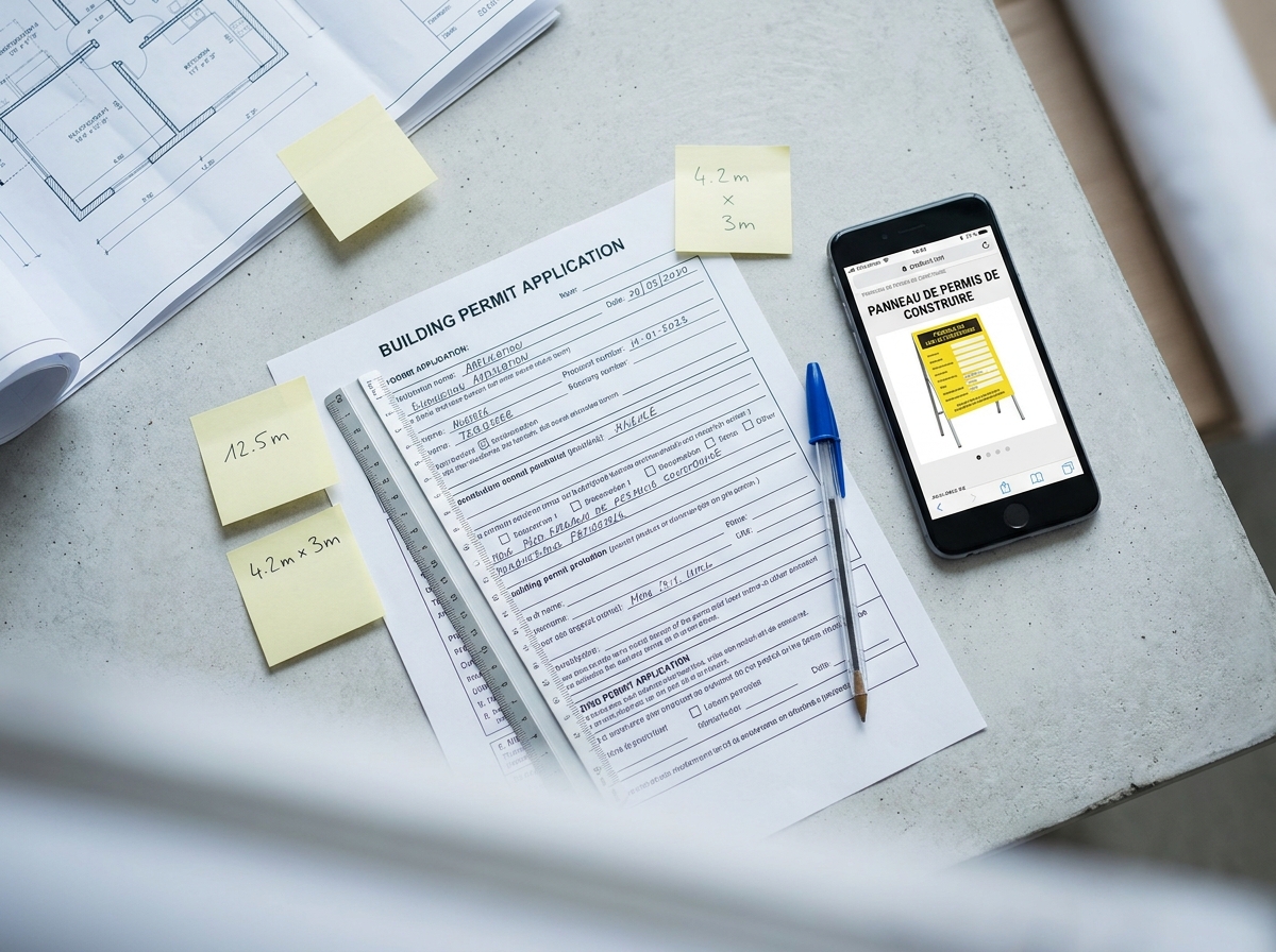 Vue à plat d'un formulaire de permis de construire avec smartphone affichant un site de commande de panneau