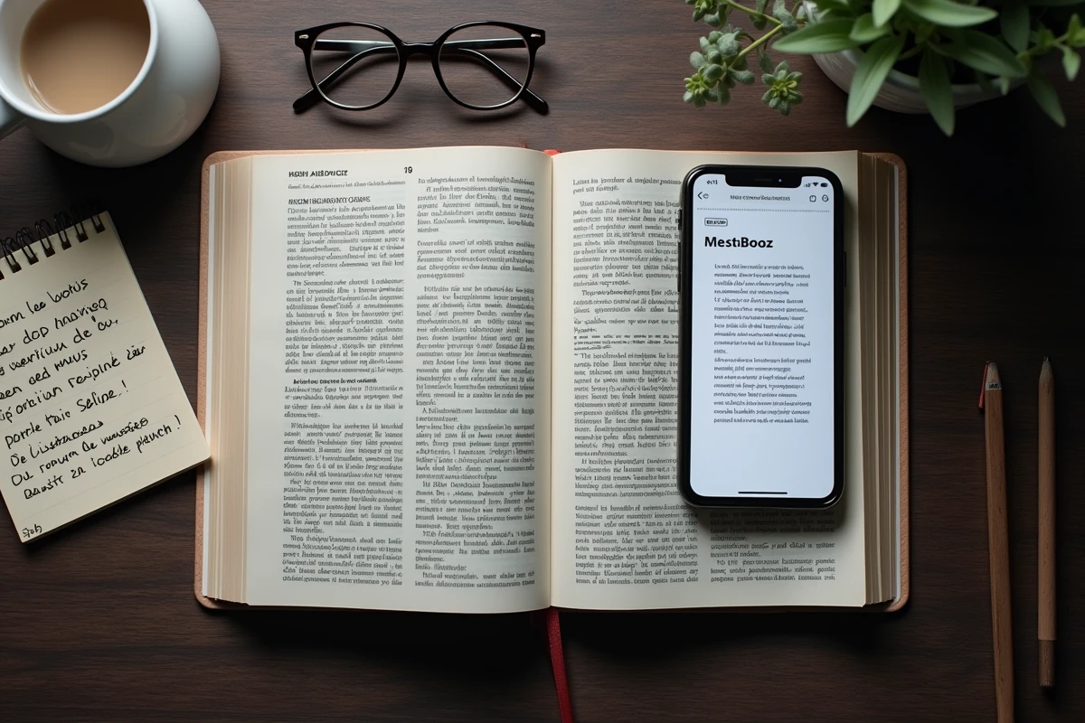 Vue aérienne d'un manga physique posé à côté d'un smartphone affichant un site de scans, avec des notes manuscrites sur le droit d'auteur et la légalité des scans