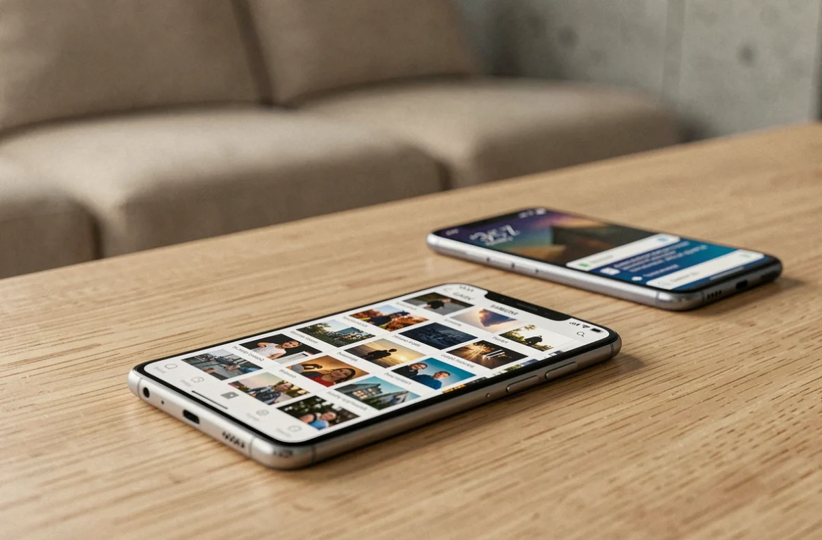 Galerie de photos Samsung Cloud affichée sur un smartphone Galaxy posé sur une table en bois dans un appartement moderne