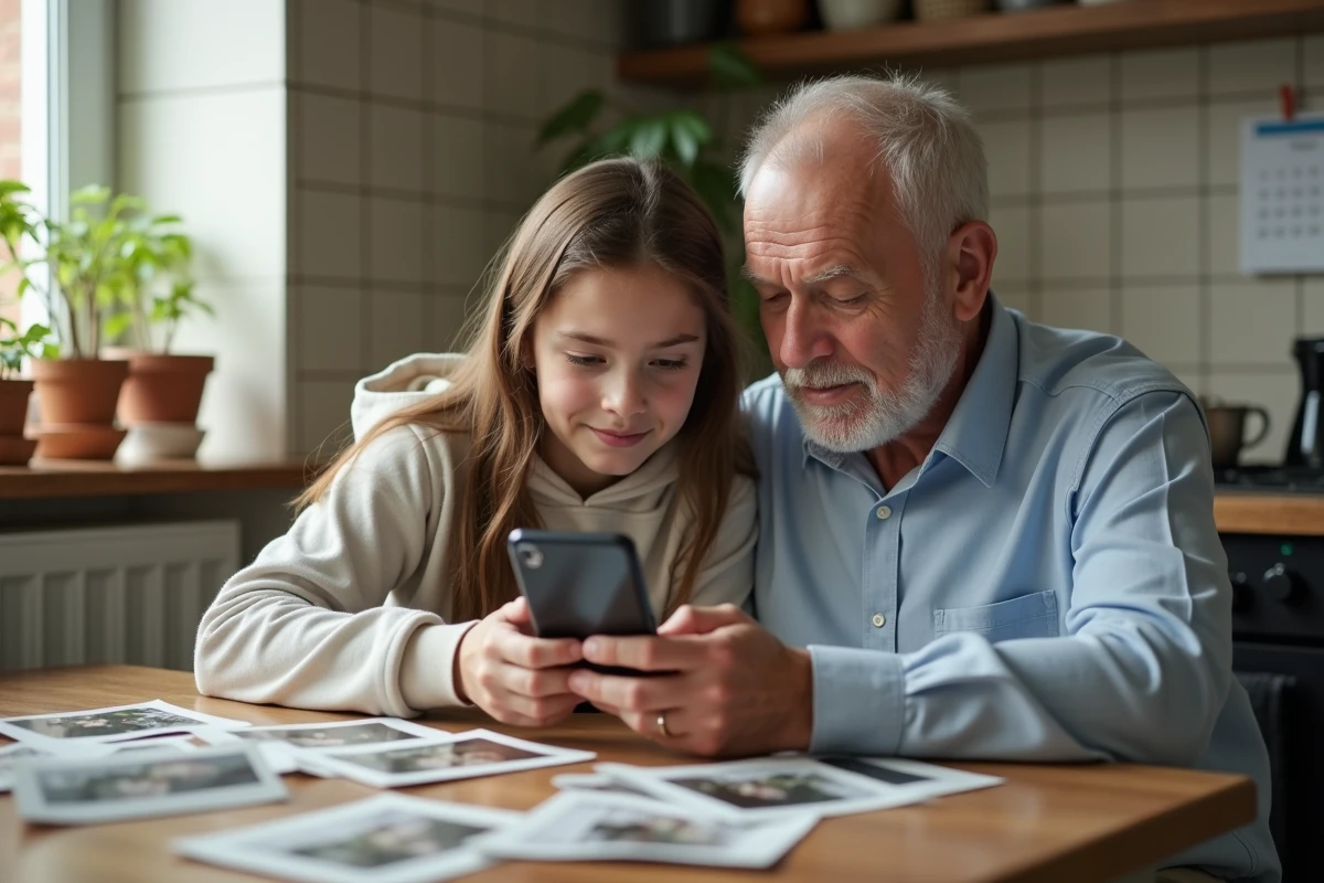Jeune fille et grand-pere scannant des photos dans la cuisine