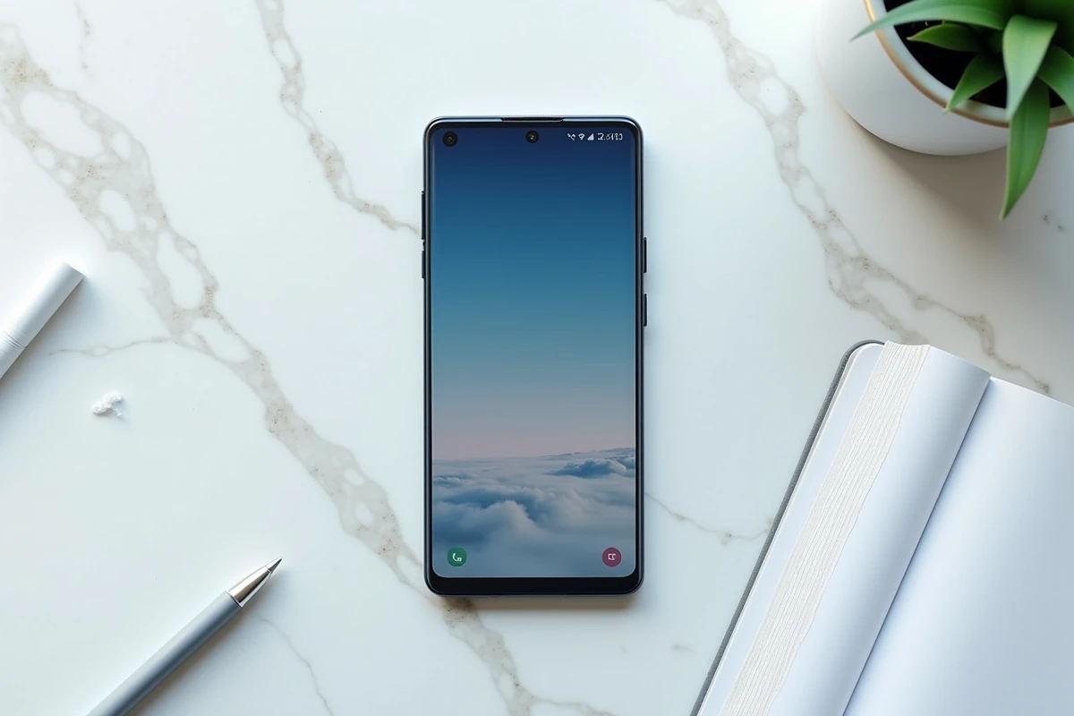 Gros plan d'un Samsung Galaxy affichant l'interface de capture d'écran One UI posé sur marbre avec accessoires