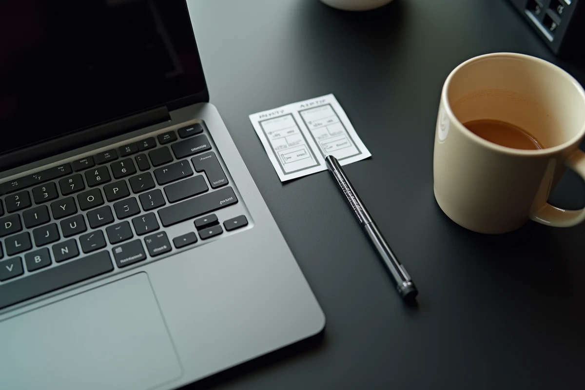 Gros plan d'un clavier QZERTY de PC portable posé sur un bureau avec des notes comparatives AZERTY