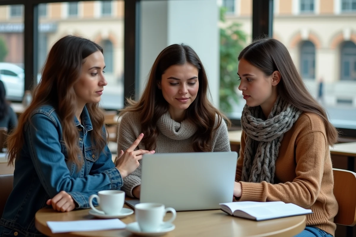 Groupe d'étudiants discutant de l'organisation via MyGES autour d'un ordinateur portable en cafétéria universitaire