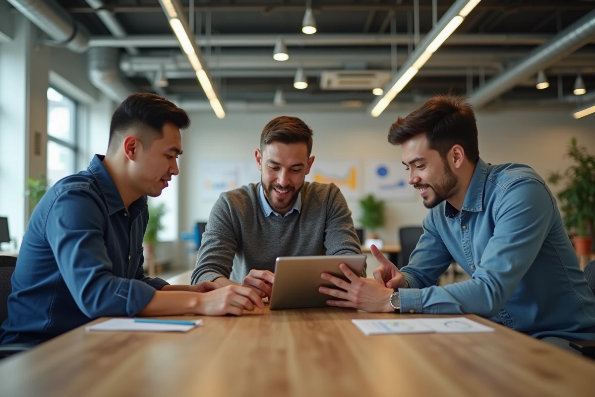 Groupe de trois employés publics discutant autour d une table