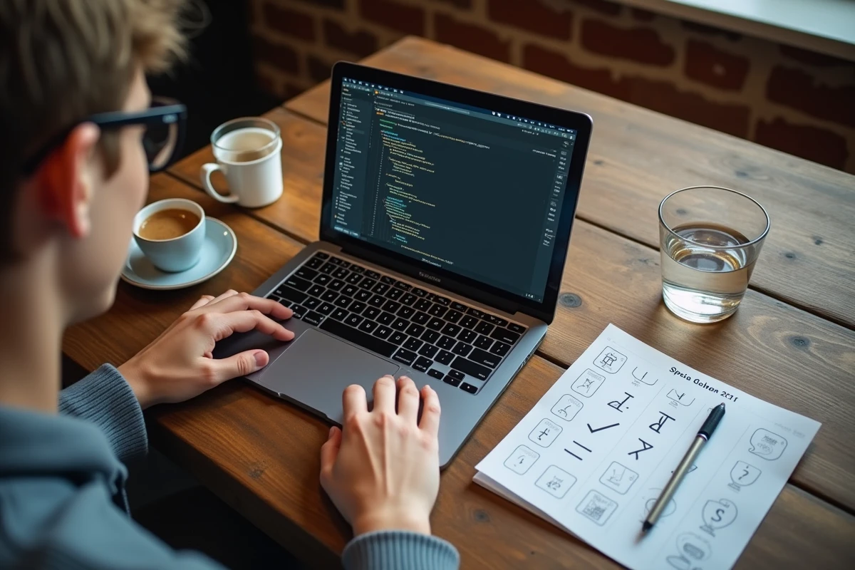Vue aérienne d'un clavier MacBook Air avec une fiche aide-mémoire des caractères spéciaux posée sur une table en café