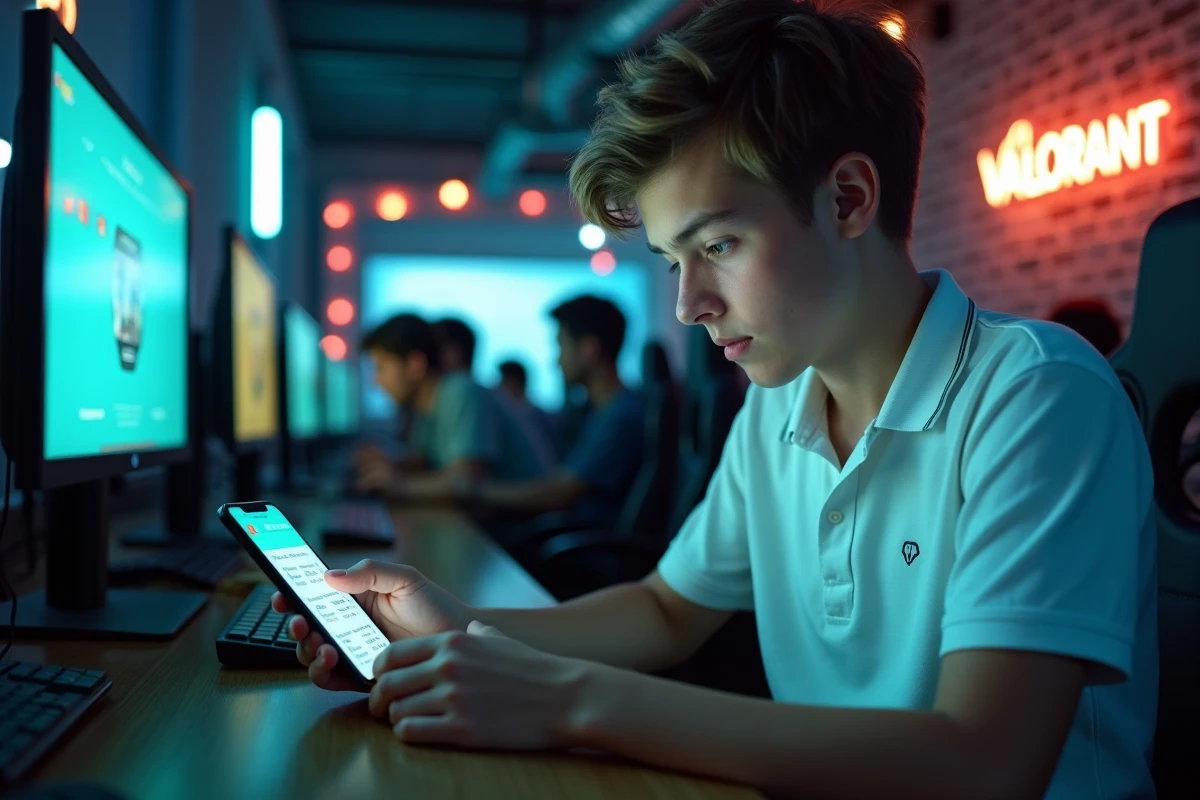 Adolescent consultant l'historique de transactions Valorant sur smartphone dans un café gaming