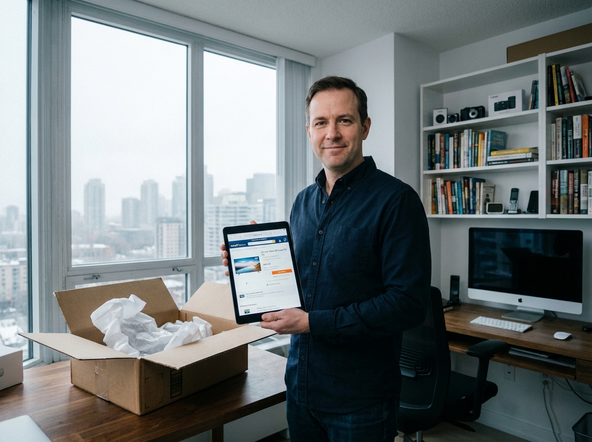 Homme consultant une tablette pour acheter un téléviseur en ligne avec un colis de livraison ouvert sur son bureau