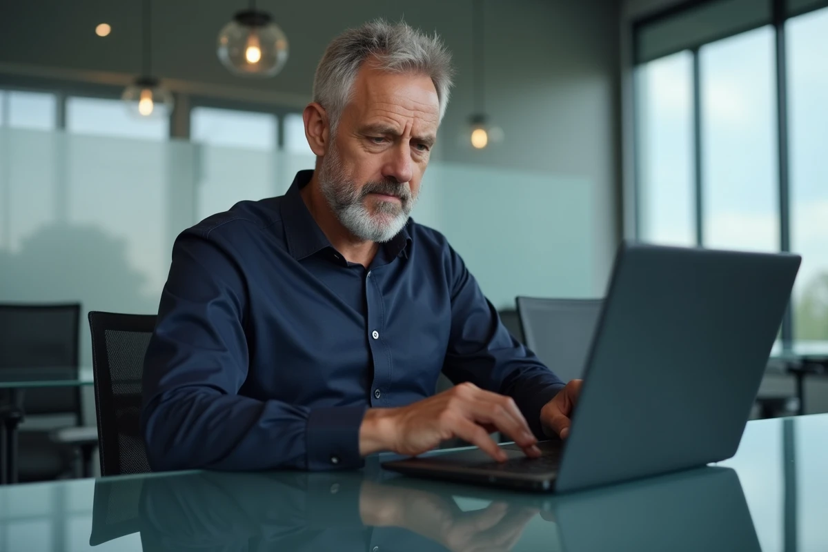 Homme d'affaires perplexe utilisant un clavier QZERTY sur un laptop dans une salle de réunion professionnelle