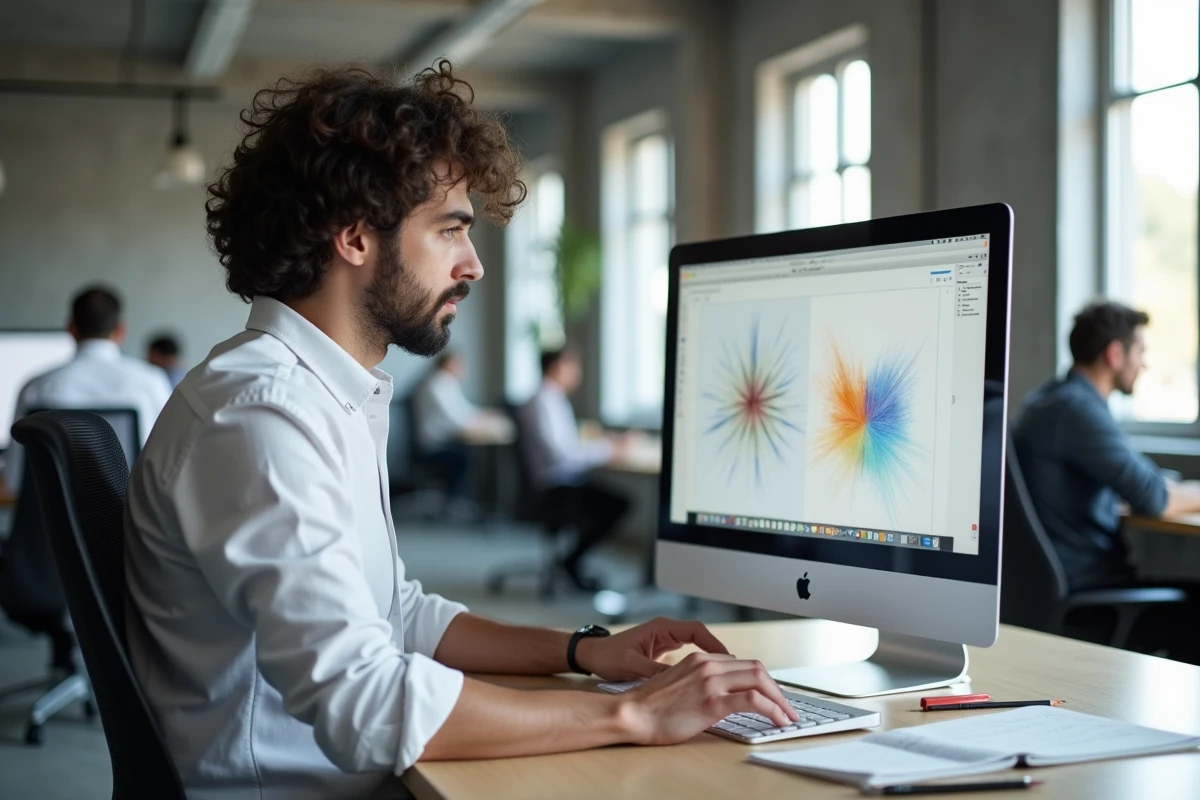 Développeur comparant des alternatives légères à Paint sur un iMac dans un open space moderne