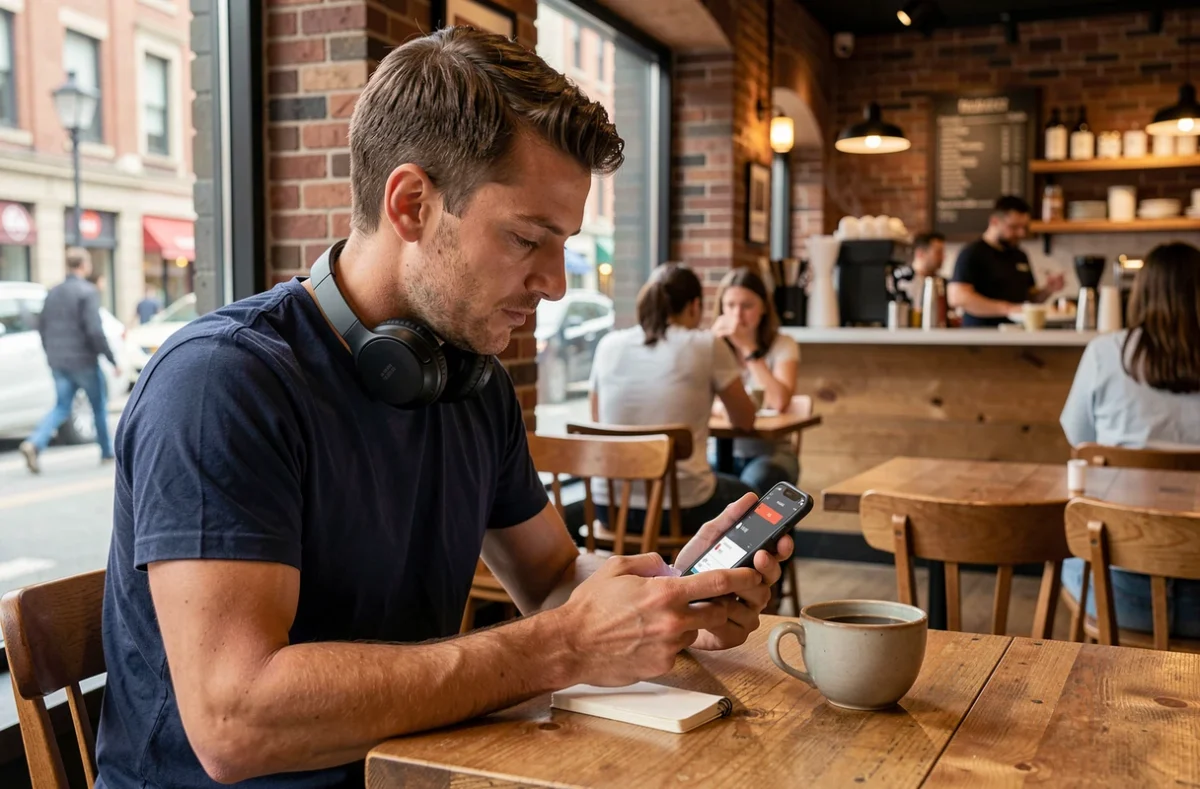 Homme utilisant une application de conversion YouTube MP3 sur smartphone dans un café urbain