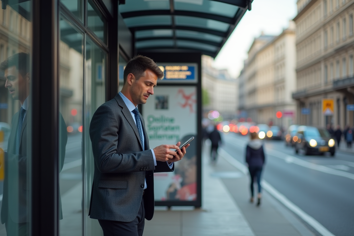 Homme dans la rue regardant son smartphone avec publicité en ligne