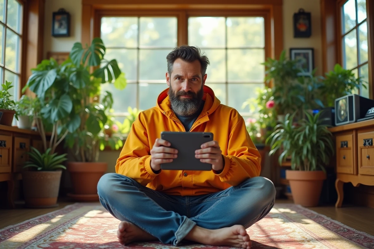 Homme barbu jouant avec une tablette dans un salon rétro