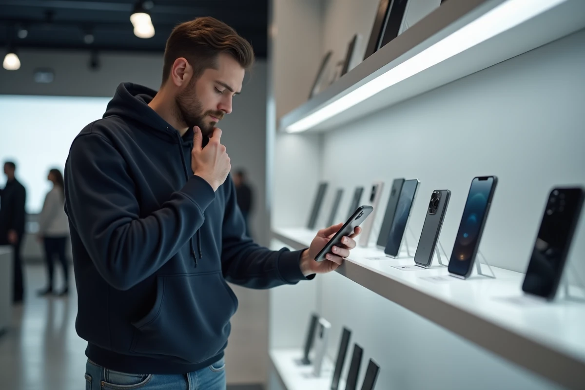 Homme examinant un iPhone 14 Pro dans une boutique électronique pour trouver le meilleur prix