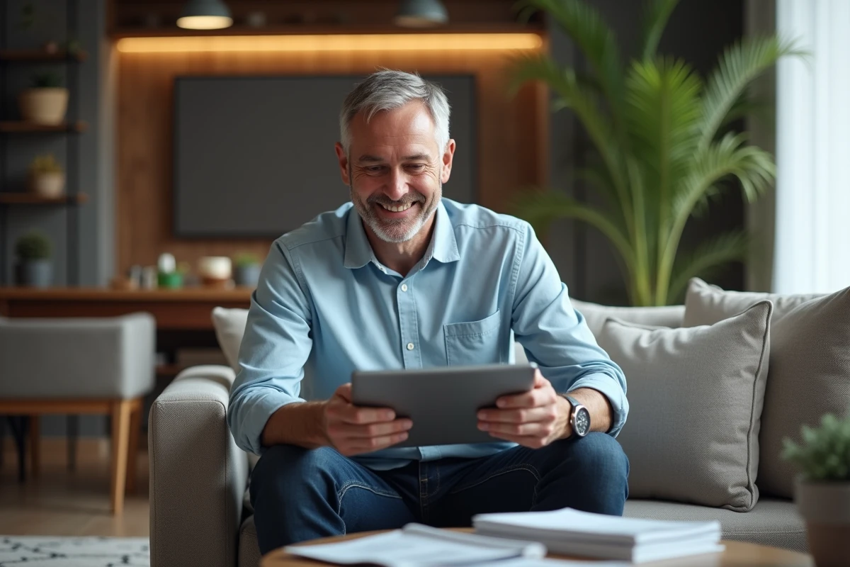 Homme souriant utilisant une tablette dans un salon moderne