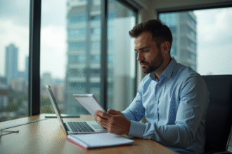 Homme concentré au bureau compare des données sur son ordinateur
