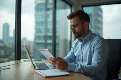 Homme concentré au bureau compare des données sur son ordinateur