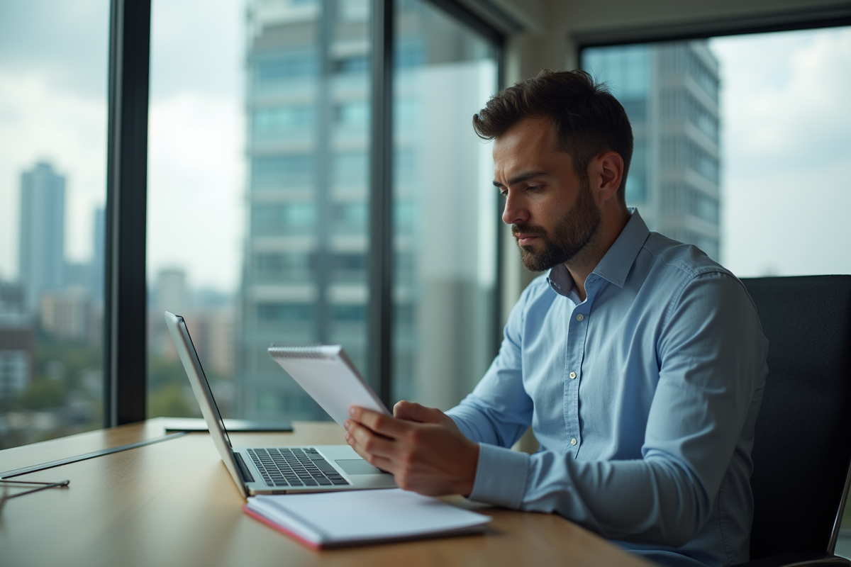 Homme concentré au bureau compare des données sur son ordinateur