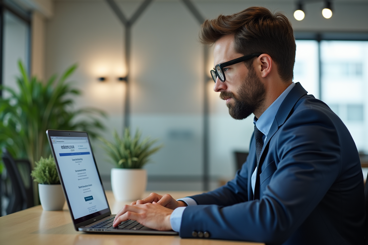 Homme d'affaires vérifiant ses emails sur un laptop dans un bureau moderne