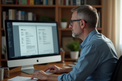Homme d'âge moyen lisant un document sur son ordinateur dans un bureau