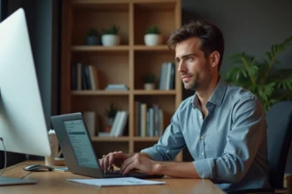 Homme d age moyen au bureau regardant son ordinateur