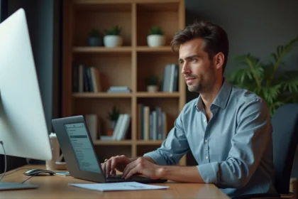 Homme d age moyen au bureau regardant son ordinateur