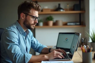 Homme concentré sur son ordinateur dans un bureau moderne