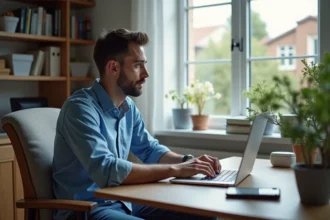 Homme au bureau regardant un site web sur son laptop