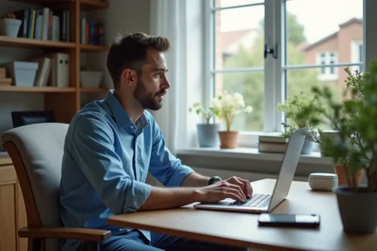 Homme au bureau regardant un site web sur son laptop
