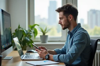 Homme au bureau regardant son ordinateur et smartphone