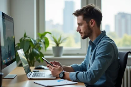 Homme au bureau regardant son ordinateur et smartphone