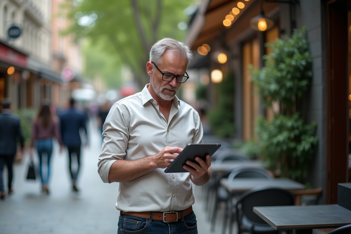 Homme dans un café urbain analysant des rapports SEO sur une tablette