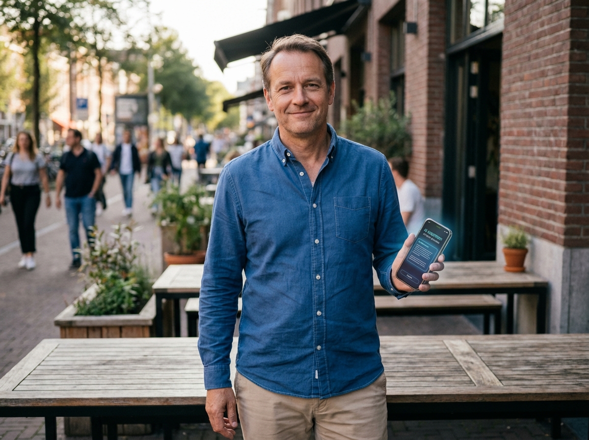 Homme souriant utilisant un smartphone avec interface AI en terrasse de café
